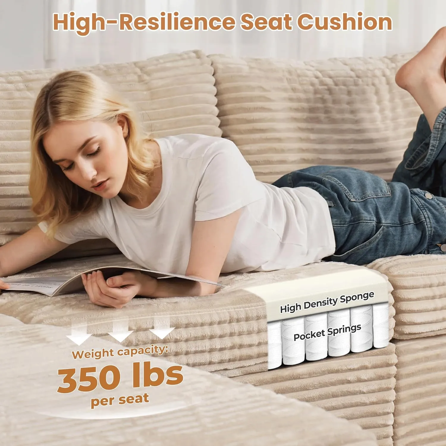 ovios 130.7" Modular Sectional Sofa Couch, U-Shaped Cloud Couches with Oversized Chaise, Modern Minimalist Deep Seat Plush Corduroy Sofas Set for Living Room, 7 Seater, Beige