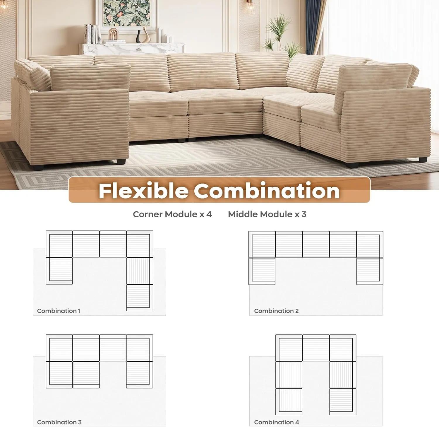 ovios 130.7" Modular Sectional Sofa Couch, U-Shaped Cloud Couches with Oversized Chaise, Modern Minimalist Deep Seat Plush Corduroy Sofas Set for Living Room, 7 Seater, Beige