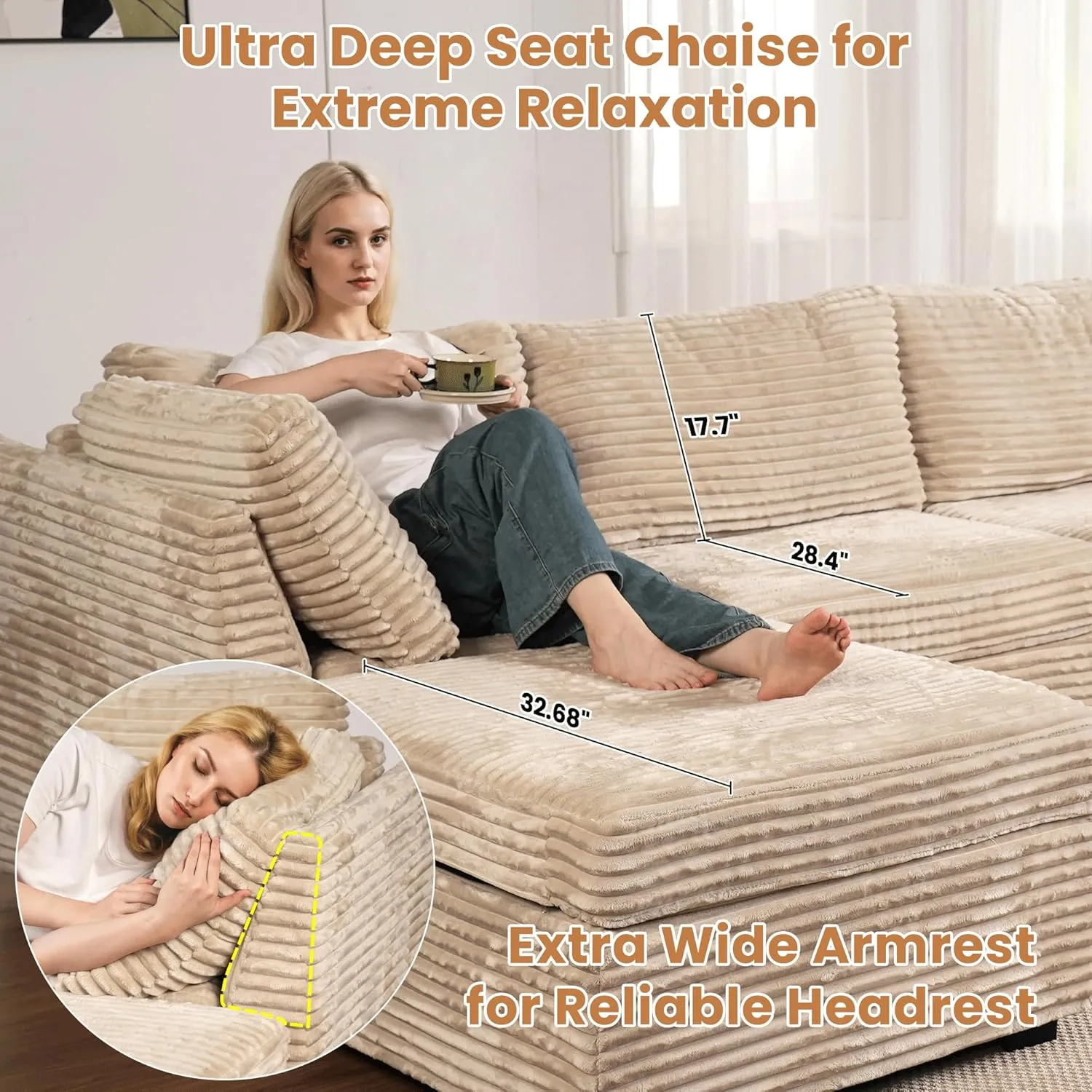 ovios 130.7" Modular Sectional Sofa Couch, U-Shaped Cloud Couches with Oversized Chaise, Modern Minimalist Deep Seat Plush Corduroy Sofas Set for Living Room, 7 Seater, Beige
