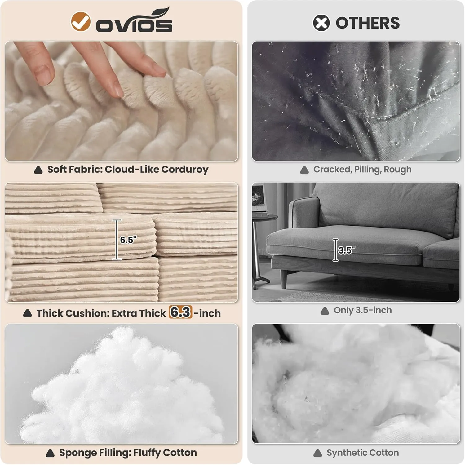 ovios 130.7" Modular Sectional Sofa Couch, U-Shaped Cloud Couches with Oversized Chaise, Modern Minimalist Deep Seat Plush Corduroy Sofas Set for Living Room, 7 Seater, Beige