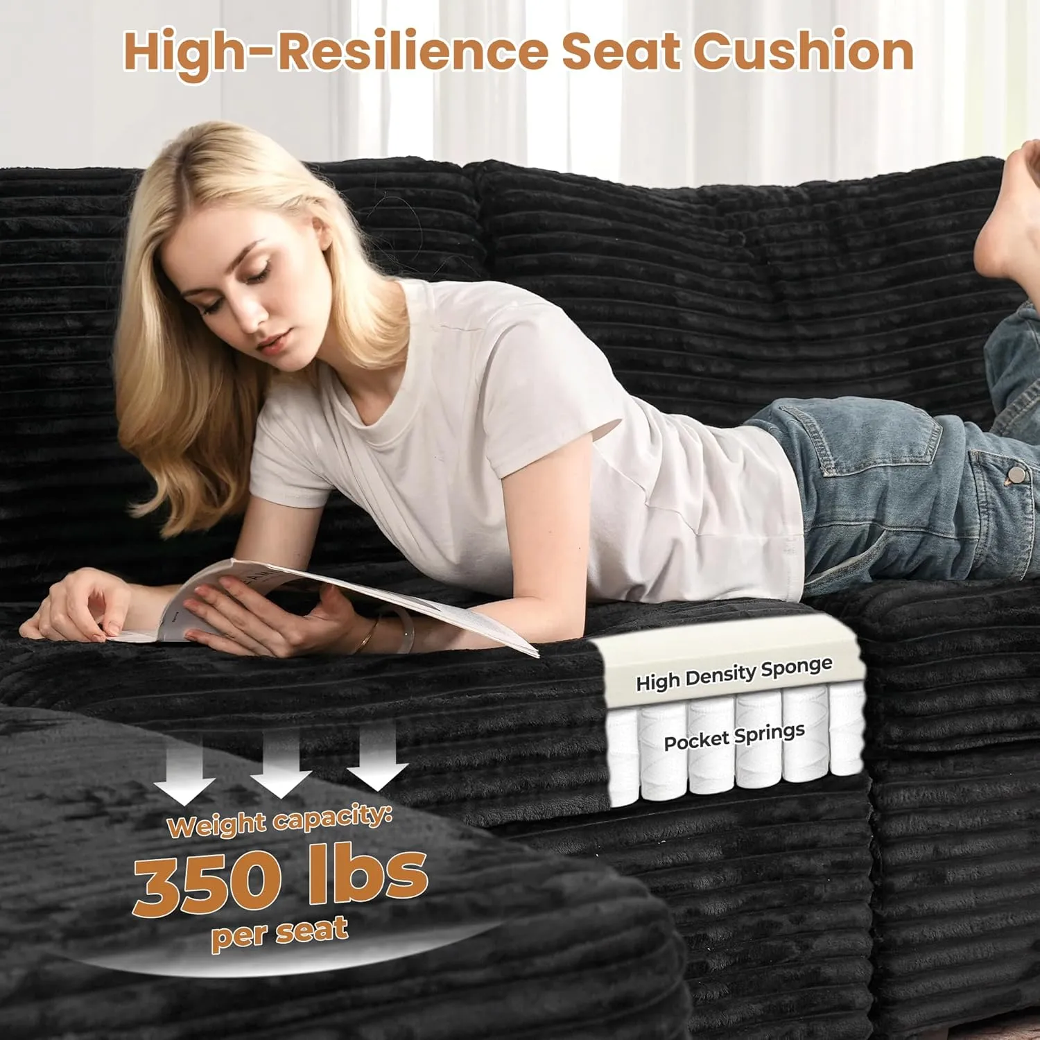 ovios 130.7" Modular Sectional Sofa Couch, U-Shaped Cloud Couches with Sofa Bed Chaise, Modern Minimalist Deep Seat Plush Corduroy Sofas Set for Living Room, 6 Seater, Black