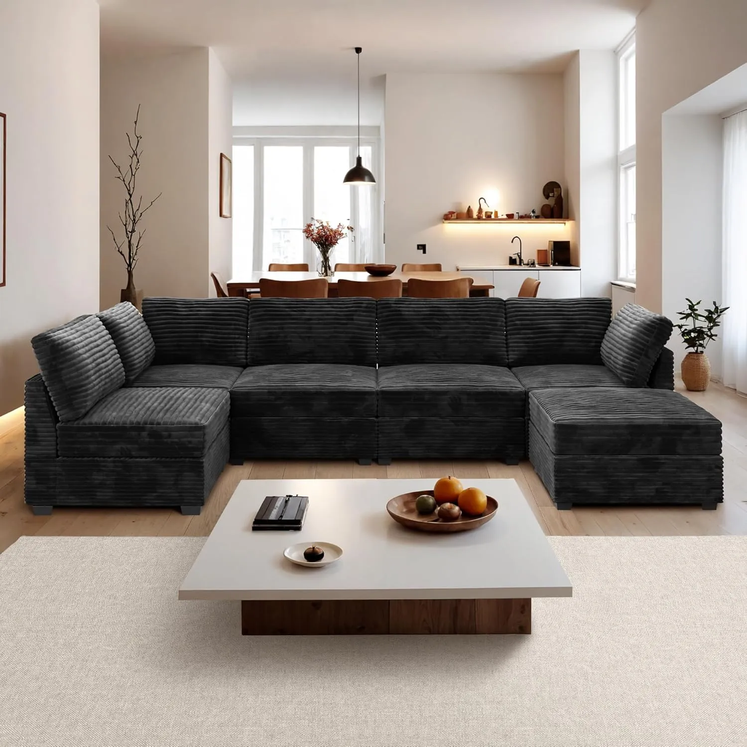 ovios 130.7" Modular Sectional Sofa Couch, U-Shaped Cloud Couches with Sofa Bed Chaise, Modern Minimalist Deep Seat Plush Corduroy Sofas Set for Living Room, 6 Seater, Black