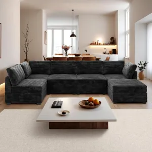 ovios 130.7" Modular Sectional Sofa Couch, U-Shaped Cloud Couches with Sofa Bed Chaise, Modern Minimalist Deep Seat Plush Corduroy Sofas Set for Living Room, 6 Seater, Black