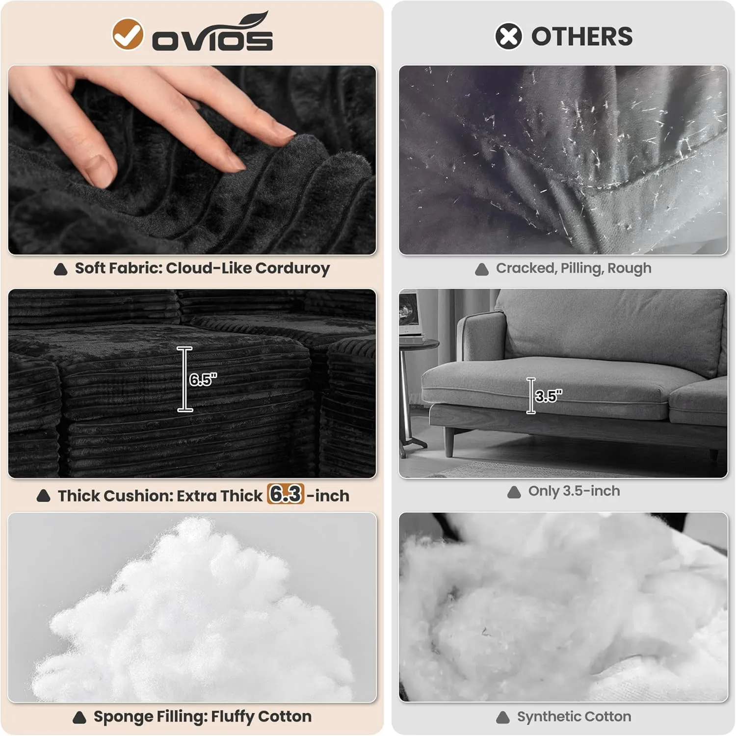 ovios 130.7" Modular Sectional Sofa Couch, U-Shaped Cloud Couches with Sofa Bed Chaise, Modern Minimalist Deep Seat Plush Corduroy Sofas Set for Living Room, 6 Seater, Black