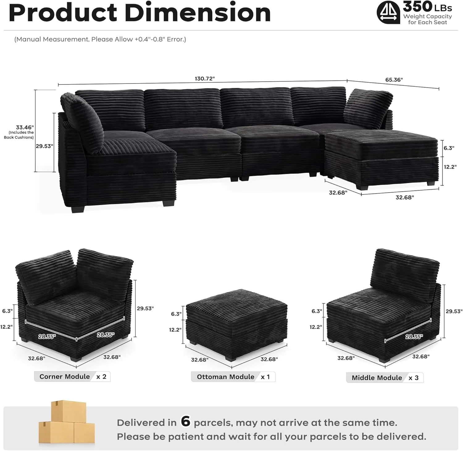 ovios 130.7" Modular Sectional Sofa Couch, U-Shaped Cloud Couches with Sofa Bed Chaise, Modern Minimalist Deep Seat Plush Corduroy Sofas Set for Living Room, 6 Seater, Black