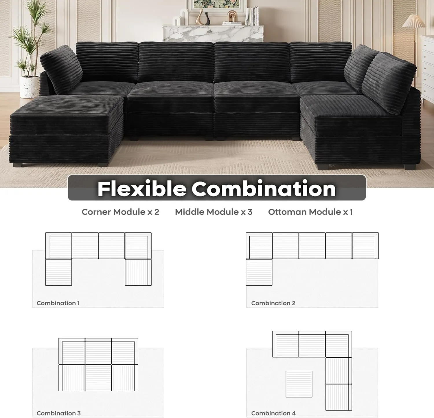 ovios 130.7" Modular Sectional Sofa Couch, U-Shaped Cloud Couches with Sofa Bed Chaise, Modern Minimalist Deep Seat Plush Corduroy Sofas Set for Living Room, 6 Seater, Black