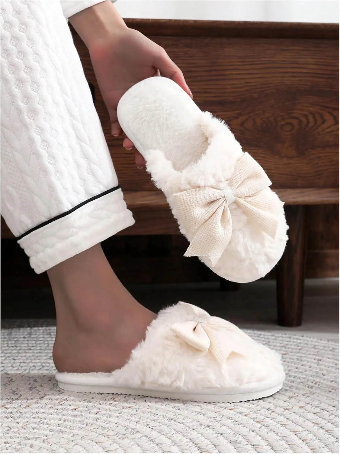 OYOANGLE Women's Bow Decor Round Toe Fuzzy Slippers Plush Home Slippers Indoor Bedroom Warm Slippers