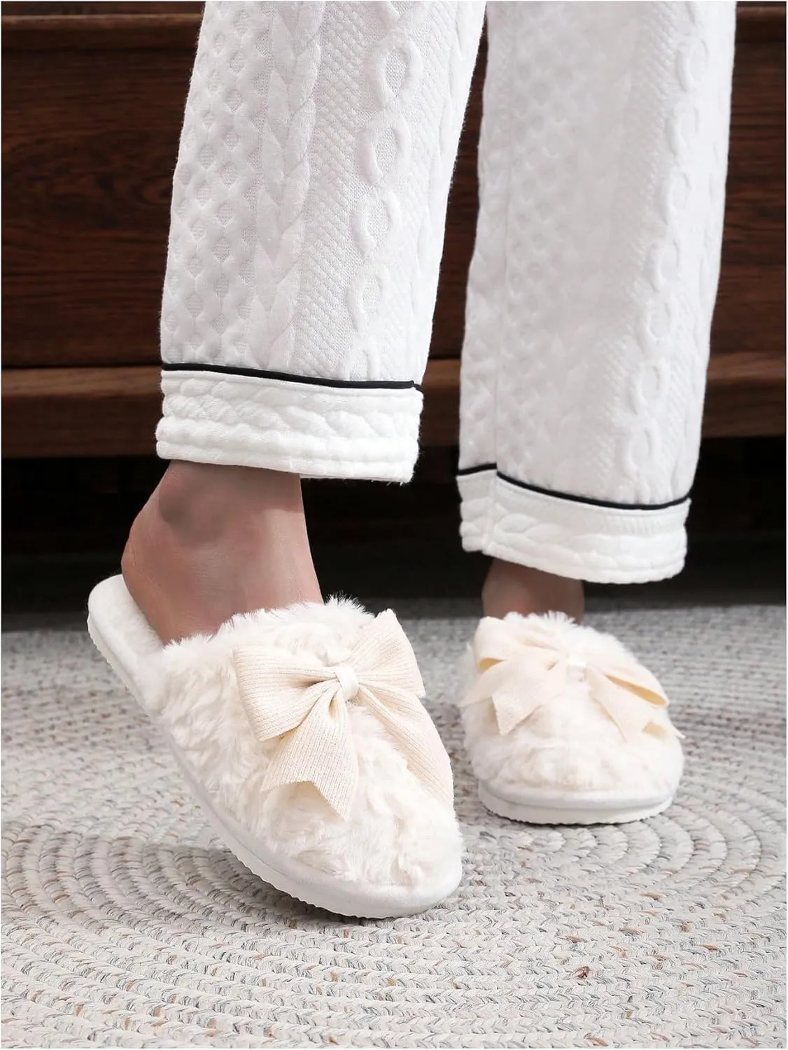 OYOANGLE Women's Bow Decor Round Toe Fuzzy Slippers Plush Home Slippers Indoor Bedroom Warm Slippers