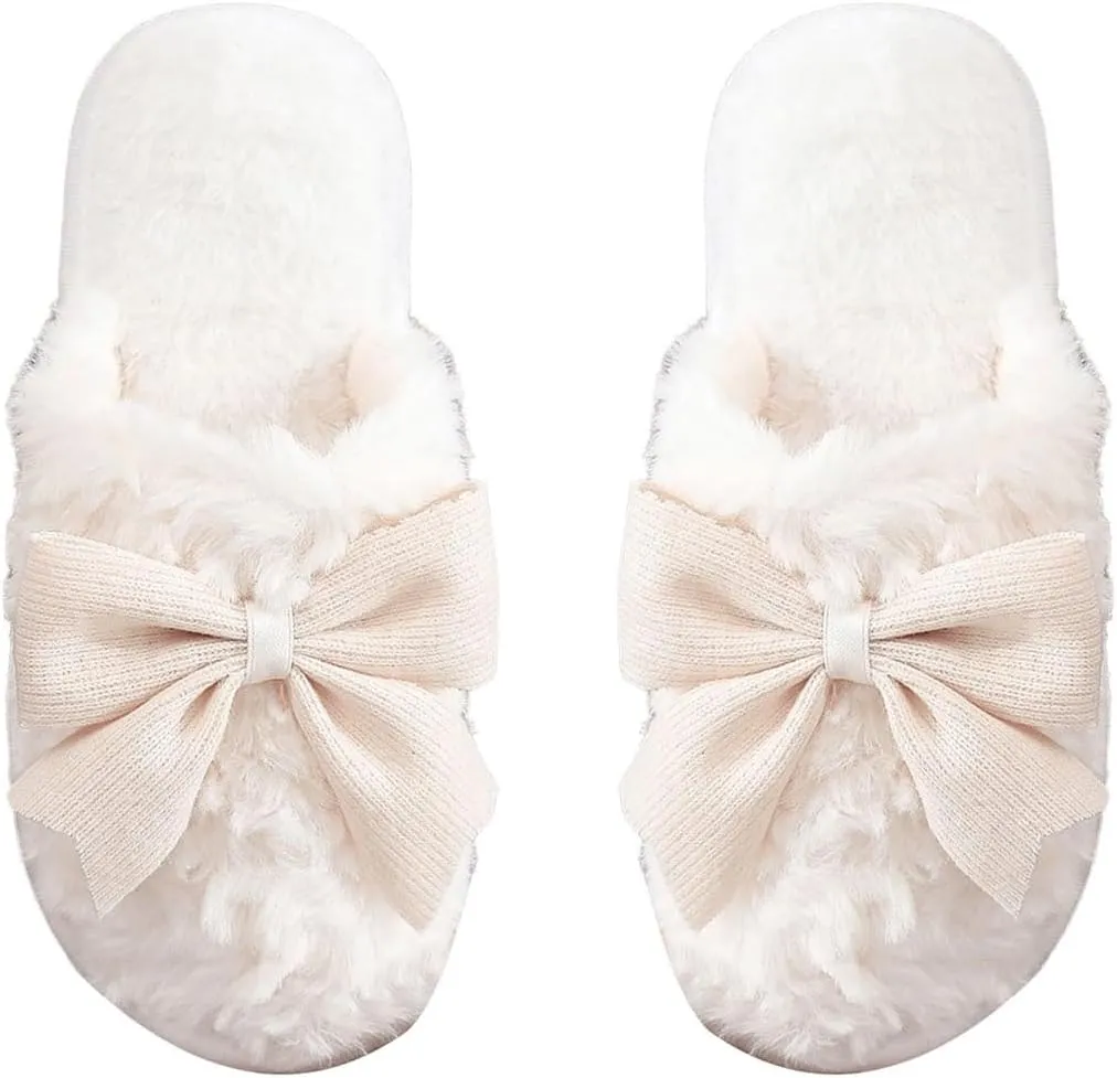 OYOANGLE Women's Bow Decor Round Toe Fuzzy Slippers Plush Home Slippers Indoor Bedroom Warm Slippers