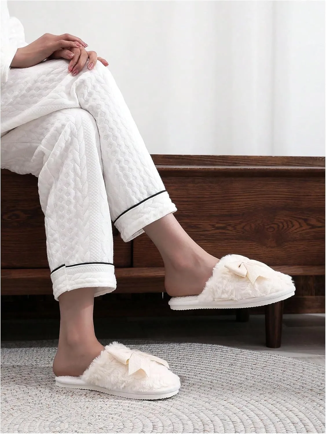 OYOANGLE Women's Bow Decor Round Toe Fuzzy Slippers Plush Home Slippers Indoor Bedroom Warm Slippers