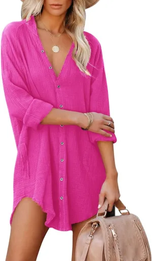 Paintcolors Women's Long Sleeve Button Down Tunic Dresses Beach Cover-ups Oversized Blouse Tops with Pockets
