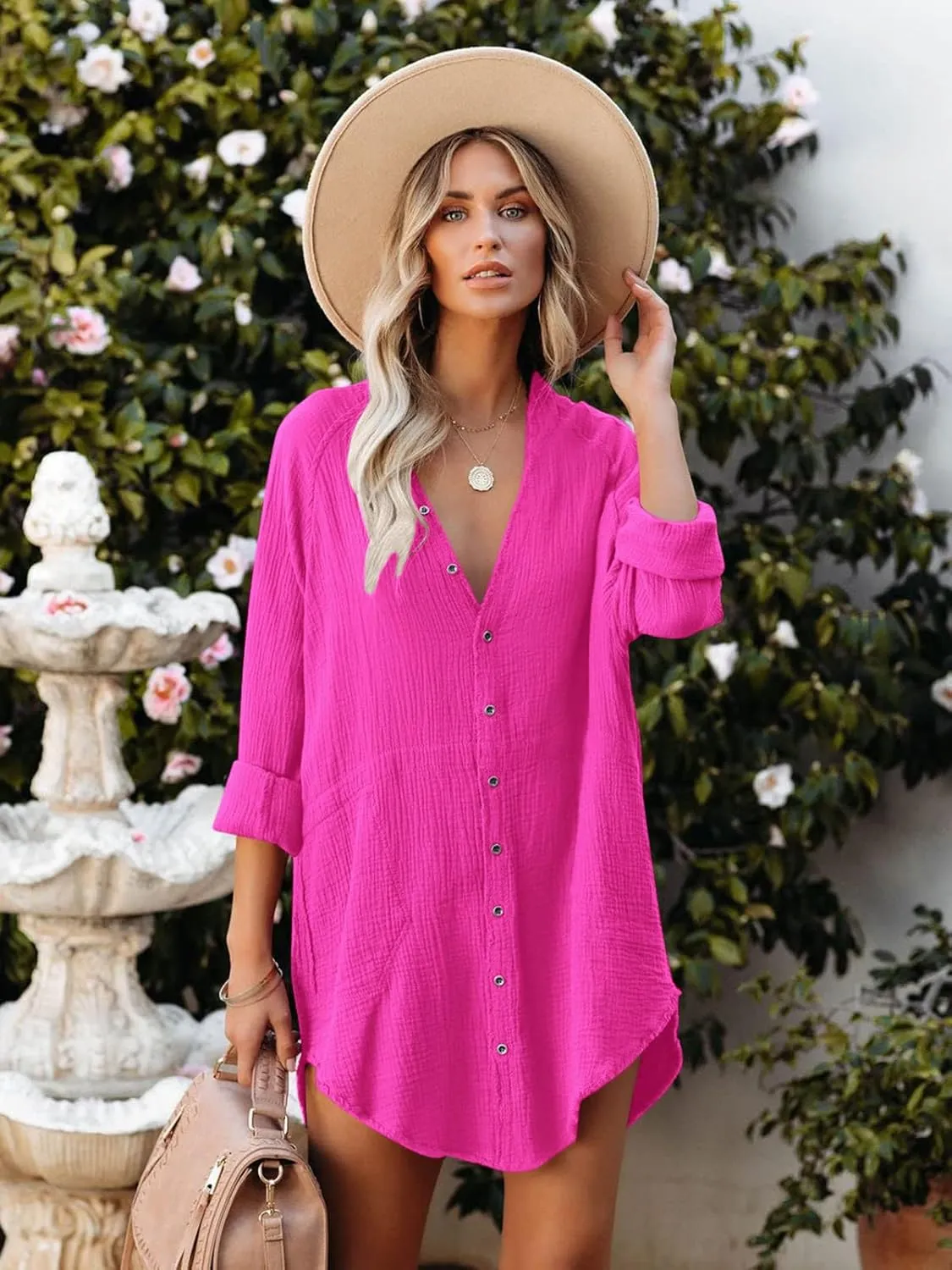 Paintcolors Women's Long Sleeve Button Down Tunic Dresses Beach Cover-ups Oversized Blouse Tops with Pockets