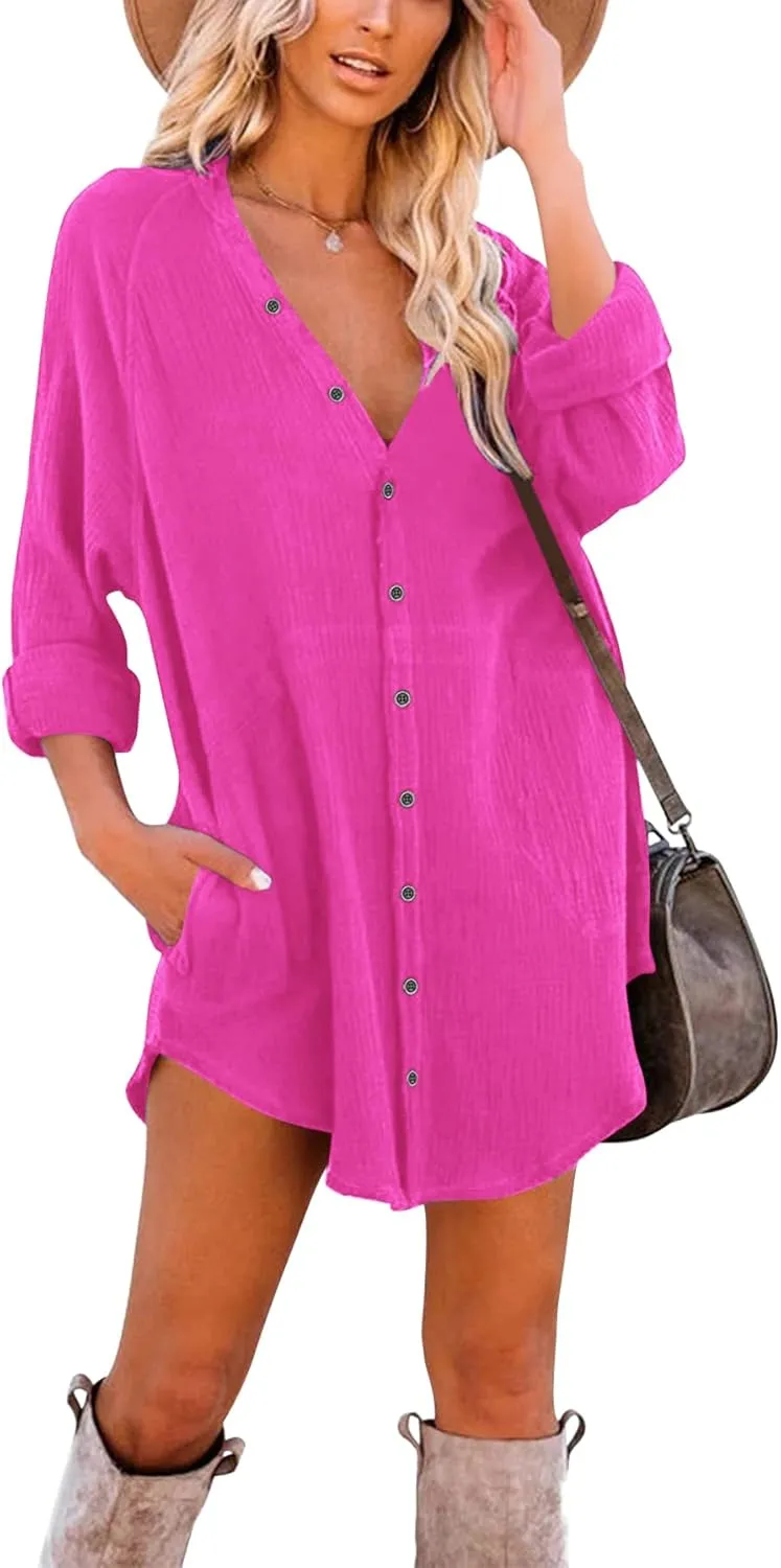 Paintcolors Women's Long Sleeve Button Down Tunic Dresses Beach Cover-ups Oversized Blouse Tops with Pockets
