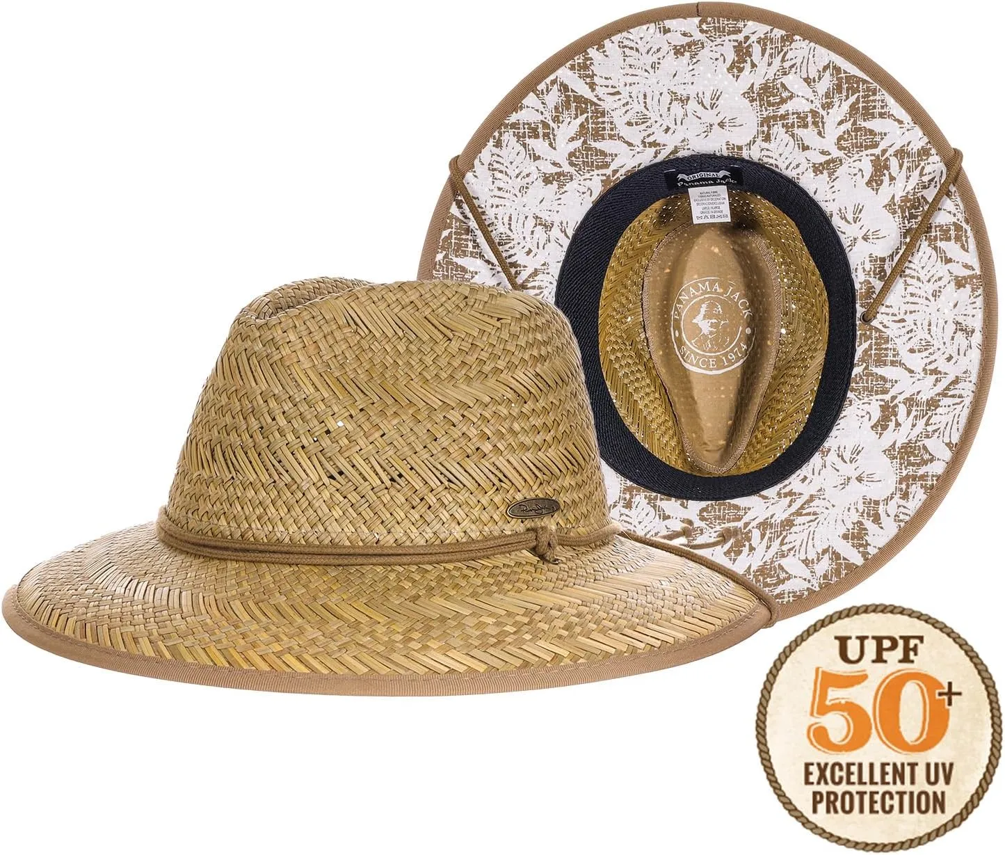 Panama Jack Deluxe Straw Lifeguard Hat - Floral Covered Underbrim, UPF 50  Sun Protection