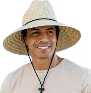 Panama Jack Lifeguard Sun Hat - Palm Fiber Straw, 5" Bound Big Brim, Chin Strap with Toggle, Logo Badge