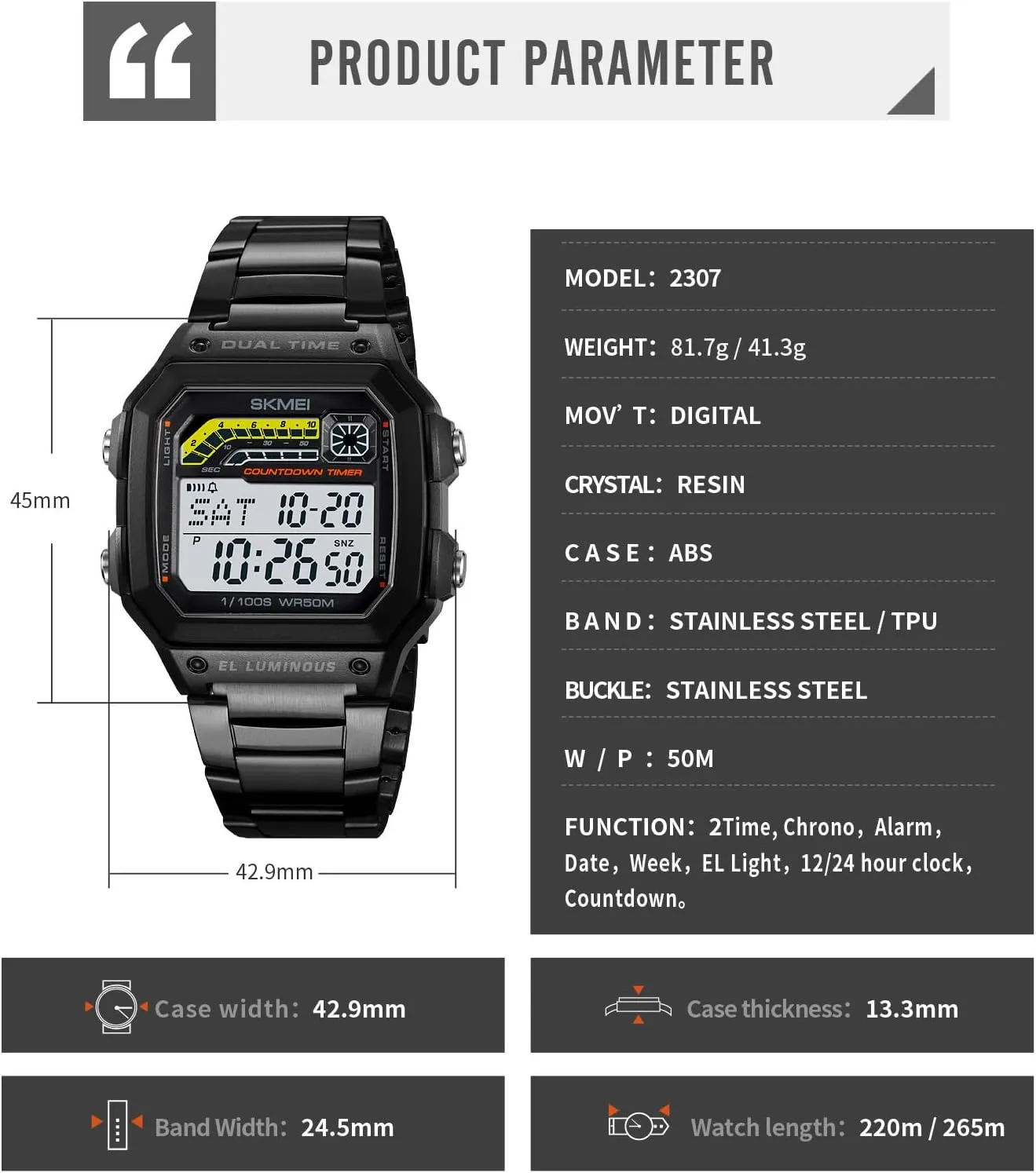 PASOY Men's Digital Multi-Function Watches Dual Time Alarm Stopwatch Countdown Backlight Waterproof Watch