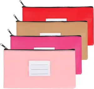 PATIKIL 11x6" Money Bank Deposit Bag with Zipper, 4 Pcs Leatherette Coin Check Wallet Pen Pouch Bag with Clear Window for Office Travel, Red/Khaki/Pink/Purple