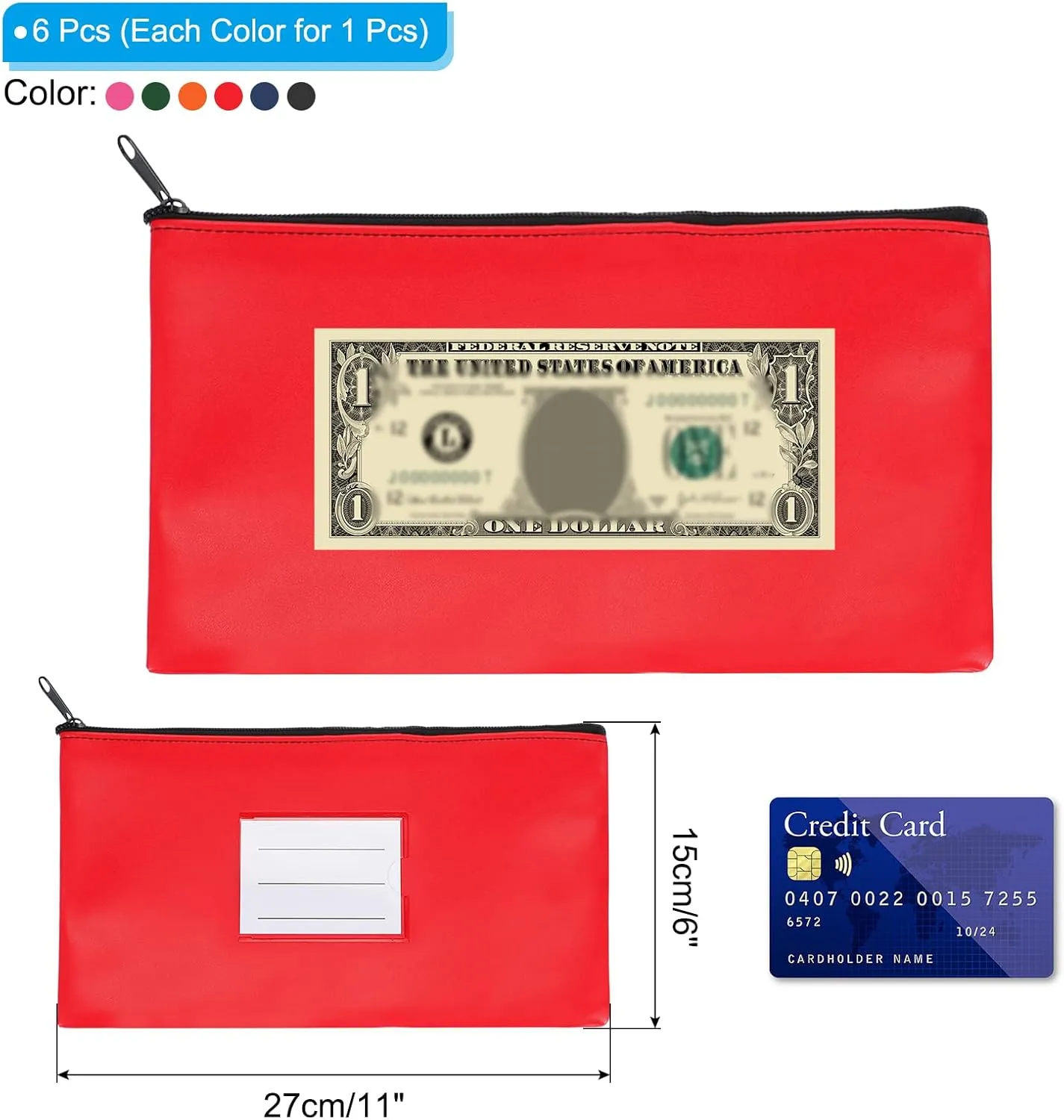 PATIKIL 11x6" Money Bank Deposit Bag with Zipper, 6 Pcs Leatherette Coin Check Wallet Pen Pouch Bag with Clear Window for Office Travel, Multicolor