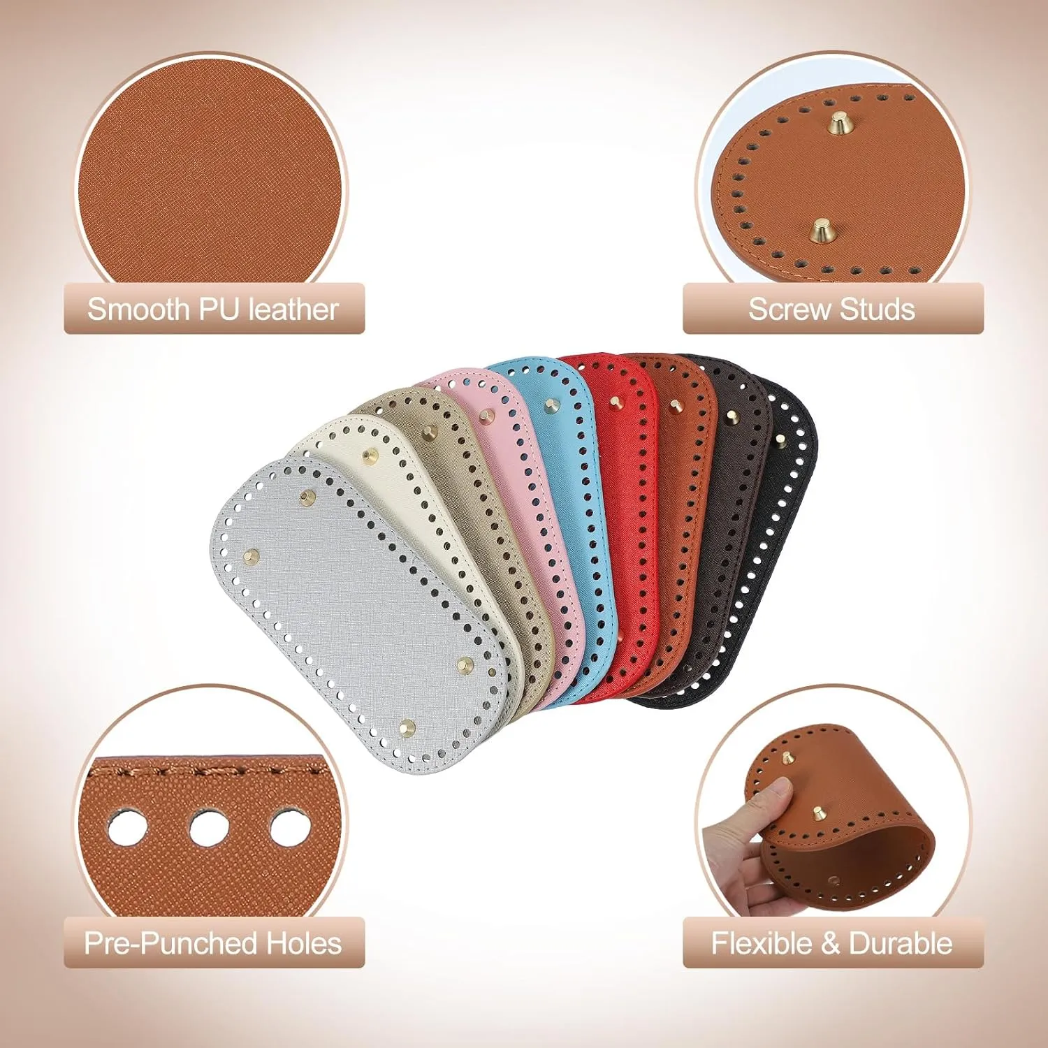 PATIKIL PU Leather Bag Bottom Shaper 9.8x4.7 Inch, 2Pcs Oval Knitting Crochet Bags Bottom Pad Base with Holes & Nails for DIY Handbag Shoulder Bags Purse Making Supplies, Brown