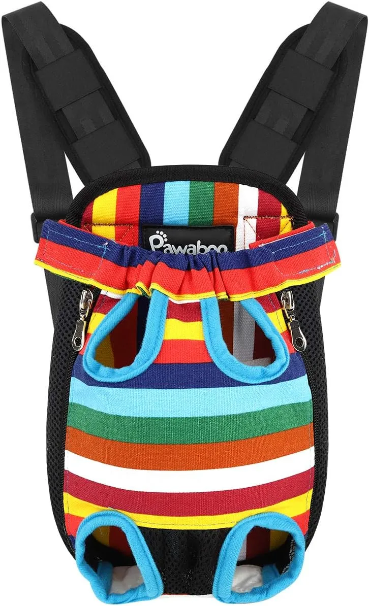Pawaboo Pet Carrier Backpack, Adjustable Pet Front Cat Dog Carrier Backpack Travel Bag, Legs Out, Easy-Fit for Traveling Hiking Camping for Small Medium Dogs Cats Puppies, Small, Colorful Strips