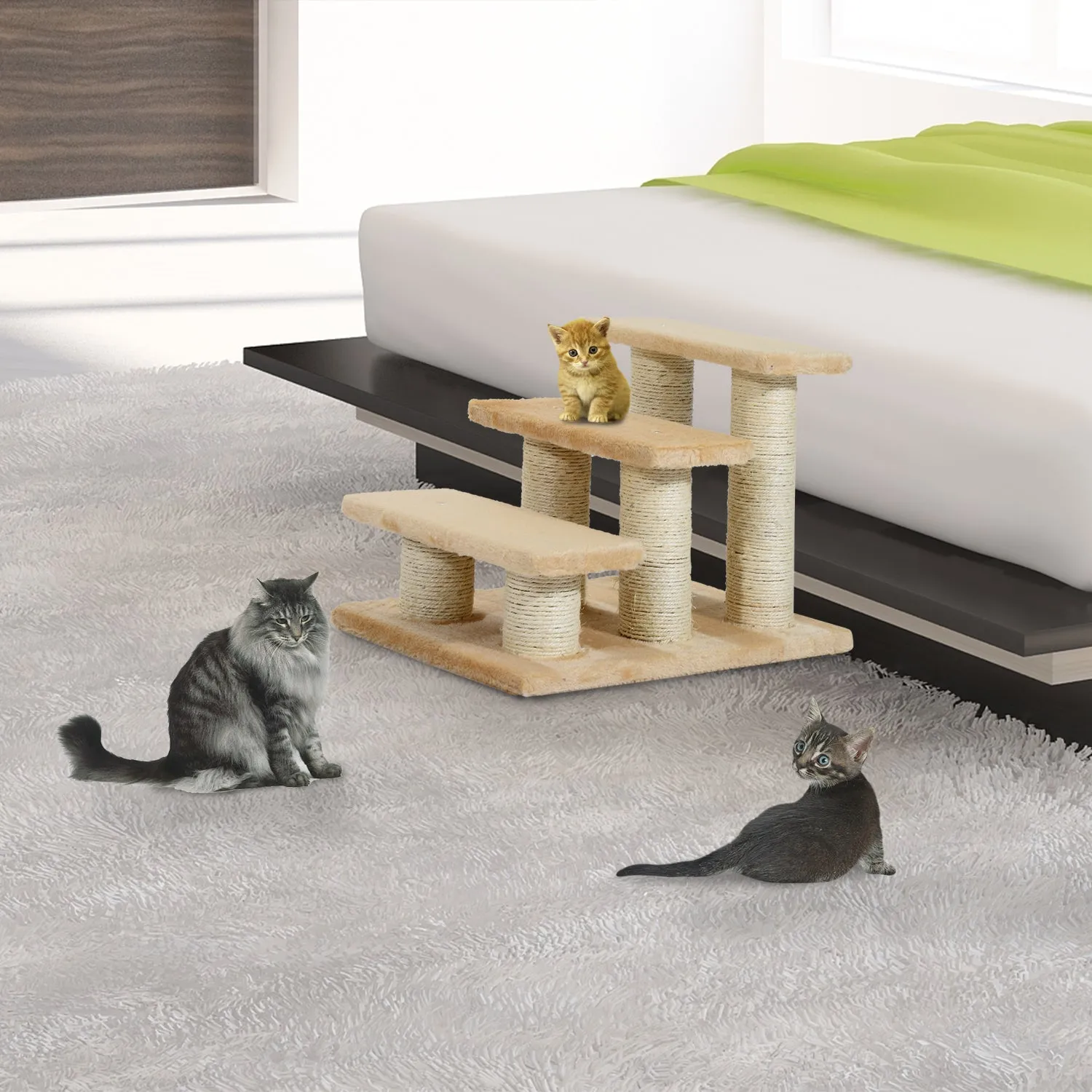 PawHut Cats 3-Tier Particle Board Stair Scratch Tree Beige
