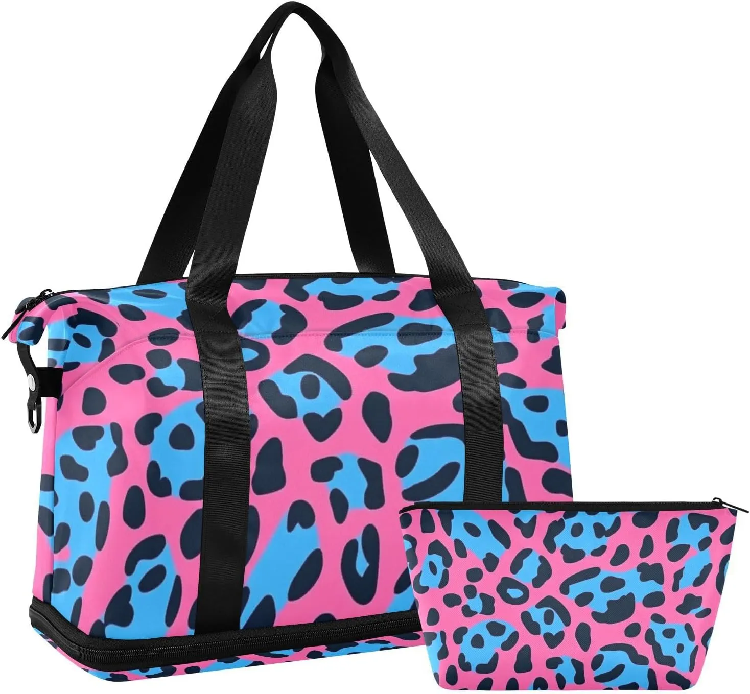 Peach Blue Animal Leopard Print Fur Gym Bag Carry on Weekender Overnight Bag with Adjustable Strap for Workout Waterproof