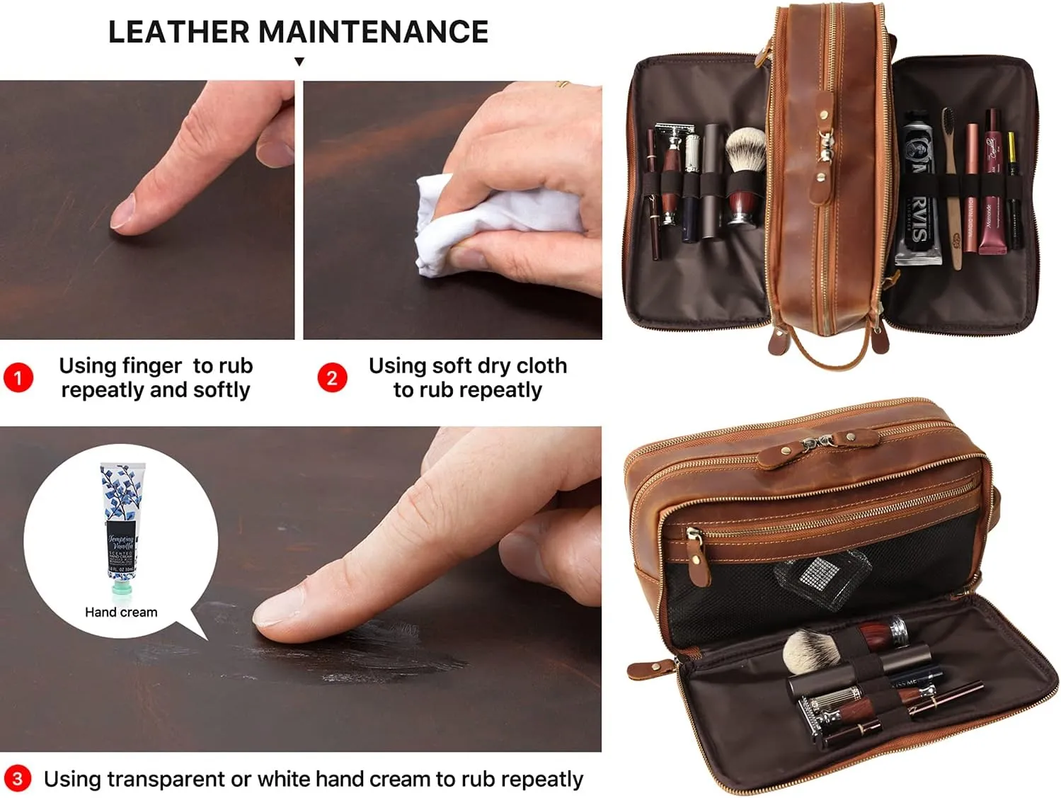 Personalized Leather Toiletry Bag for Men Travel Shaving Dopp Kit-Large Cosmetic Bags Toiletries Bathroom Organizer (Brown(full grain leather))