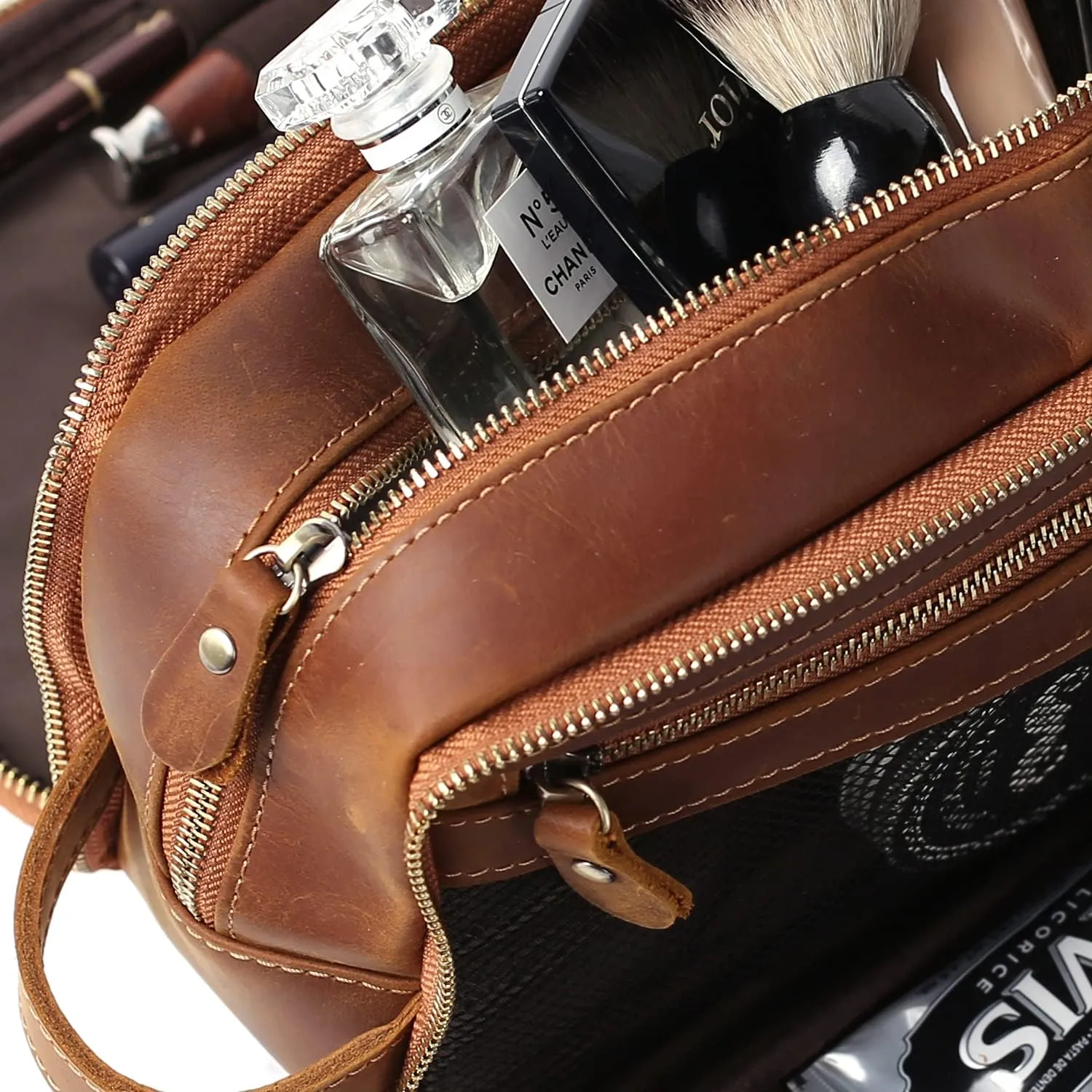 Personalized Leather Toiletry Bag for Men Travel Shaving Dopp Kit-Large Cosmetic Bags Toiletries Bathroom Organizer (Brown(full grain leather))