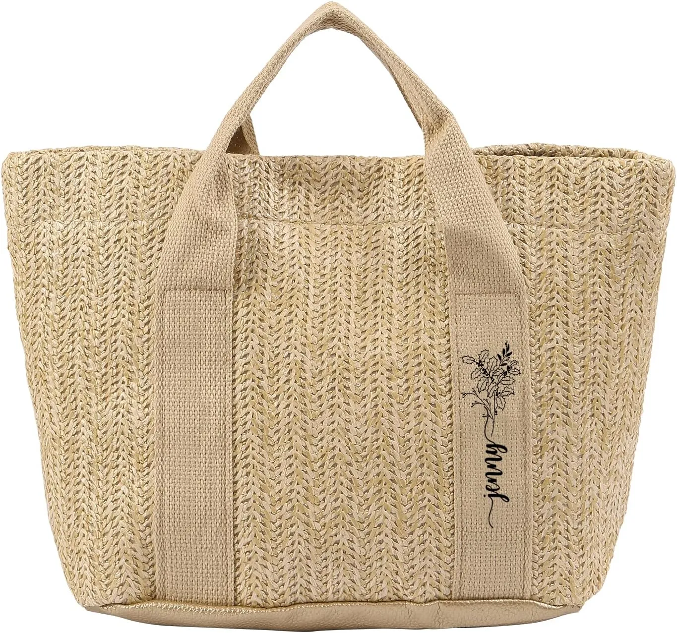 Personalized Straw Beach Tote Bag, Large Monogram Design with Flowers, Women Mother’s Day Gift