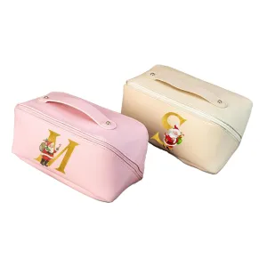 Personalized Travel Cosmetic Bag for Women, PU Leather Makeup Bag with Name Initial, Large Capacity Gift for Bridesmaid Bride Wedding Graduation Anniversary(Pink)