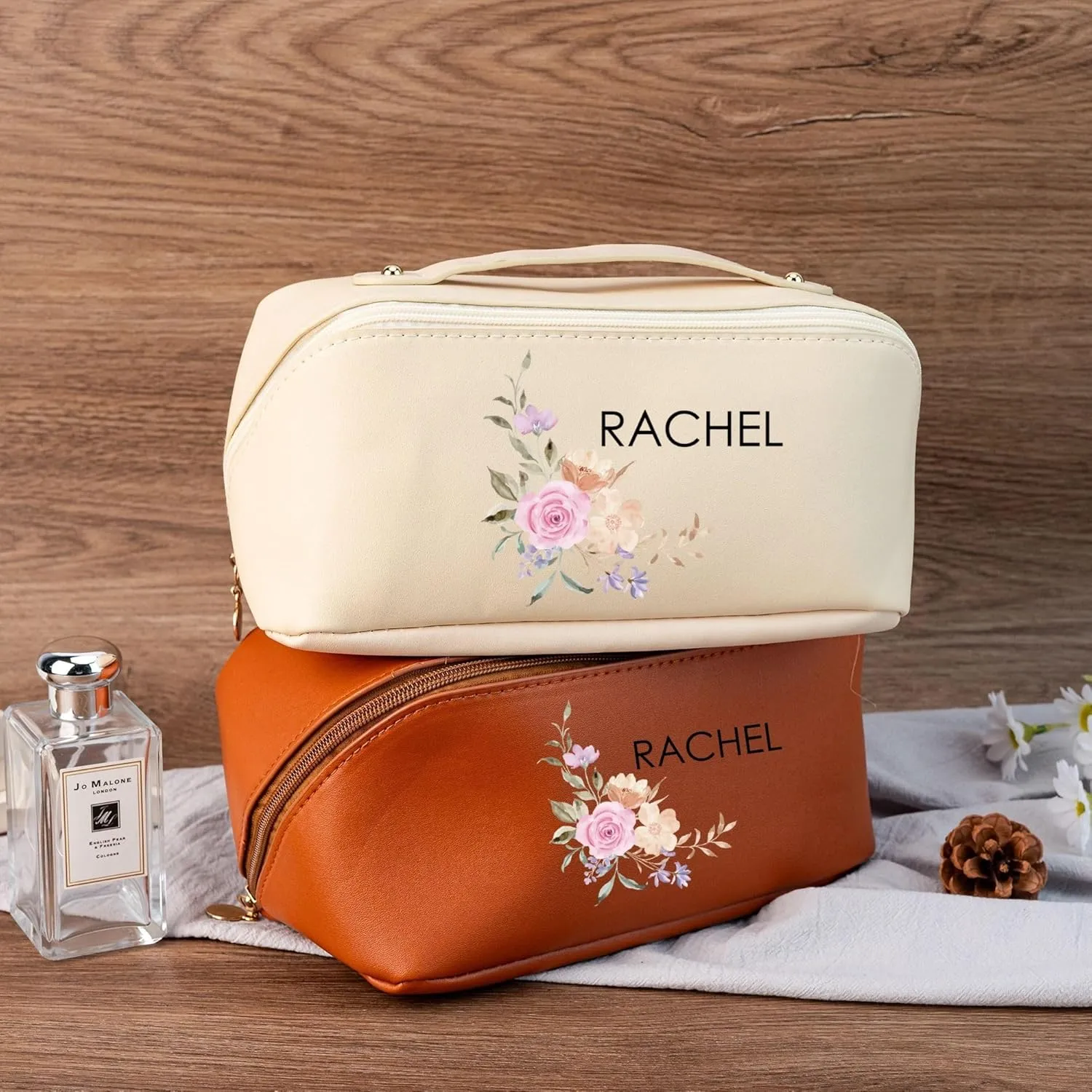 Personalized Travel Makeup Bag for Women, Large Capacity Cosmetic Bag with Initial Name, Portable Leather Toiletry Bag, Gift for Bridesmaid Bride Wedding Graduation Valentine's Day(Brown)