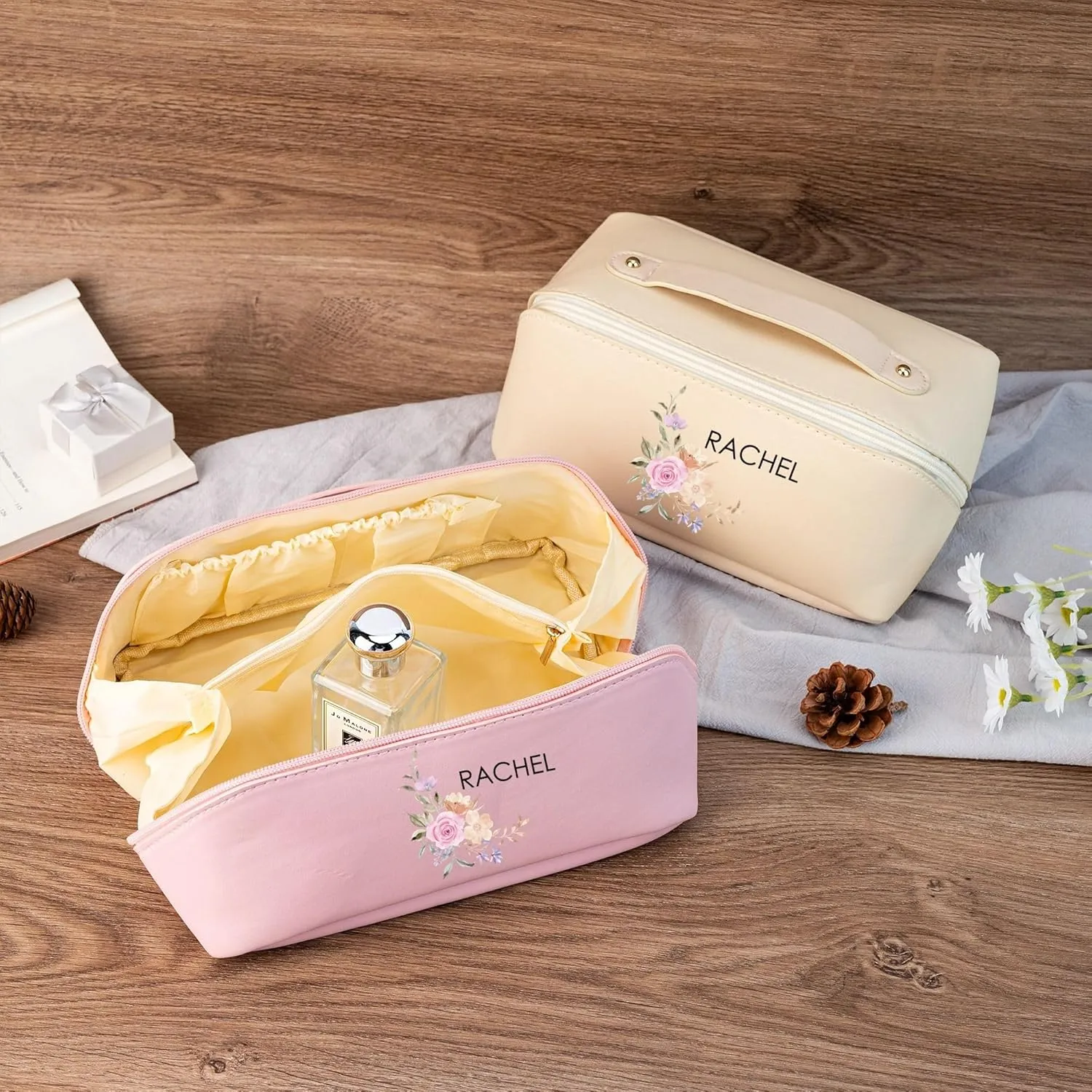 Personalized Travel Makeup Bag for Women, Large Capacity Cosmetic Bag with Initial Name, Portable Leather Toiletry Bag, Gift for Bridesmaid Bride Wedding Graduation Valentine's Day(Brown)