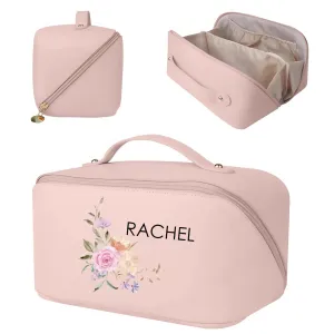 Personalized Travel Makeup Bag for Women, Large Capacity Cosmetic Bag with Initial Name, Portable Leather Toiletry Bag, Gift for Bridesmaid Bride Wedding Graduation Valentine's Day(Brown)