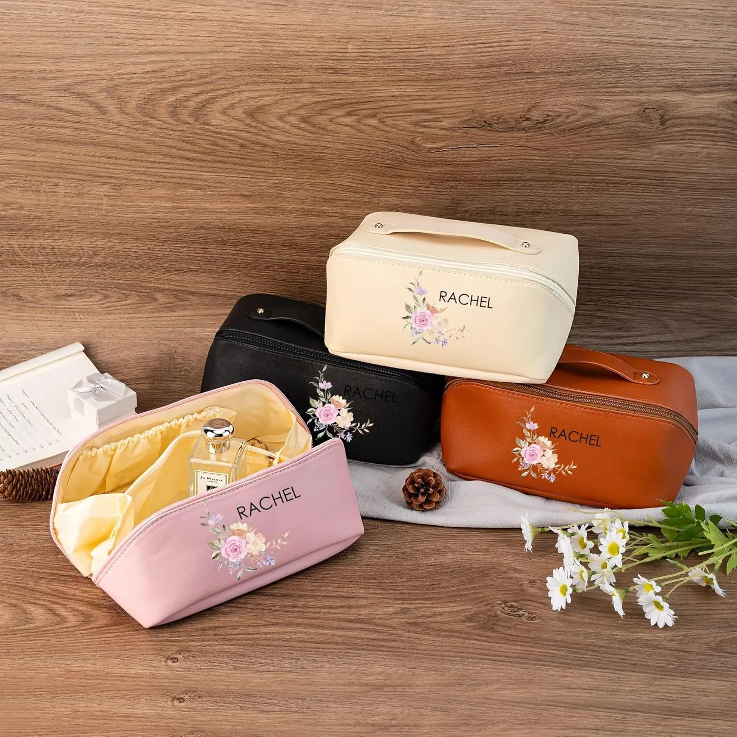 Personalized Travel Makeup Bag for Women, Large Capacity Cosmetic Bag with Initial Name, Portable Leather Toiletry Bag, Gift for Bridesmaid Bride Wedding Graduation Valentine's Day(Brown)