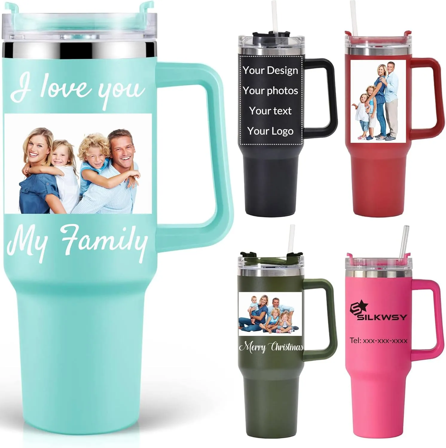 Personalized Tumbler With Handle-Custom 40oz Travel Cup With Lid And Straw-Laser Engraved With Name,Logo,Text,Image-Personalized Gifts For Mom,Dad,Birthday