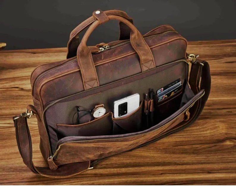 Personalized Vintage Leather Briefcase Bag, Best Gift For Him