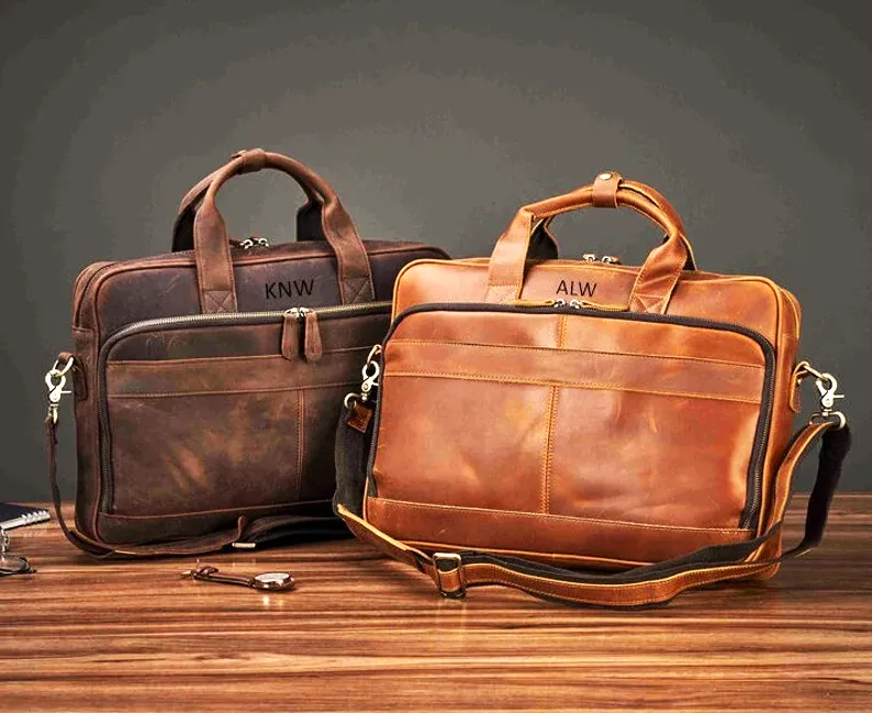 Personalized Vintage Leather Briefcase Bag, Best Gift For Him