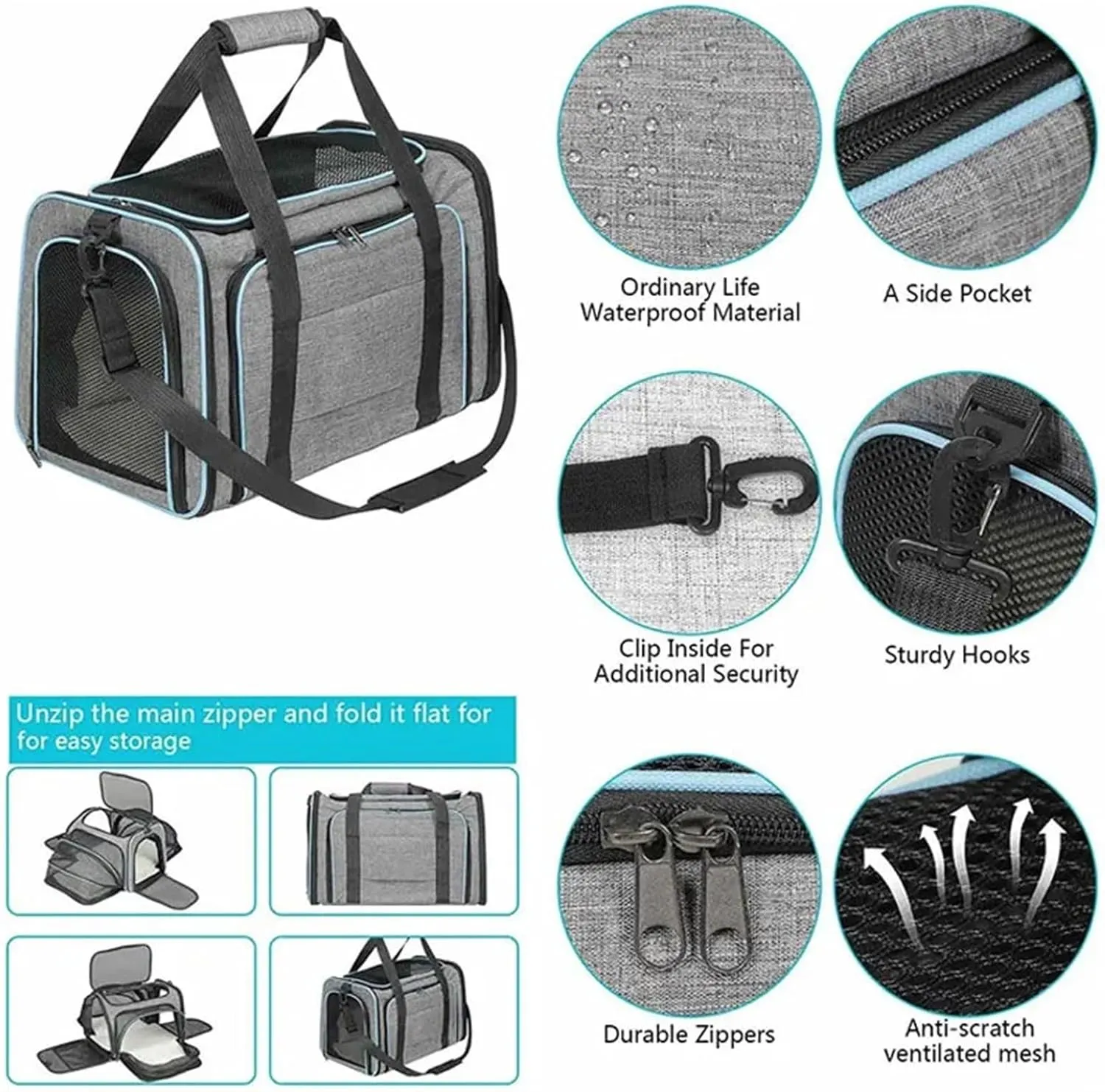 Pet Backpack Portable Breathable Foldable Shoulder Bag Cat and Dog Backpack Travel Pet Handbag Transport Bag(Blue,M)