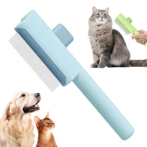 Pet Hair Removal Comb Flea Comb,Cat Dog Brush for Massaging and Cleaning Grooming, Indoor Portable Multifunctional Cat Brush with Release Button (Blue, Close tooth)