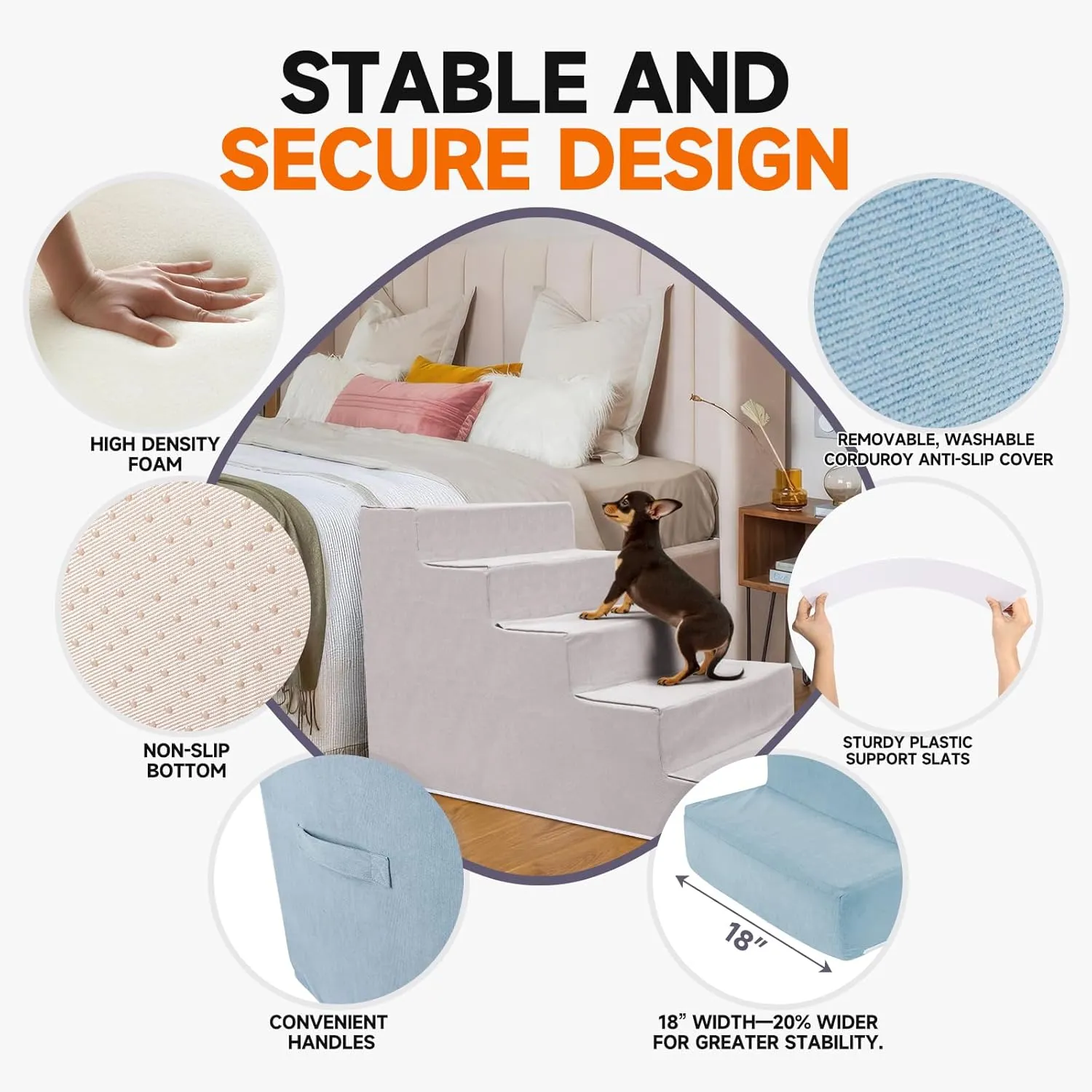 Pet Stairs for Small Dogs & Cats - 3/4/5 Steps, Non-Slip Extra Wide Design, Gentle Angle for Joint Protection, High Density Foam, Washable Cover, Fits Beds & Couches, 3 Steps-Gentle Gray