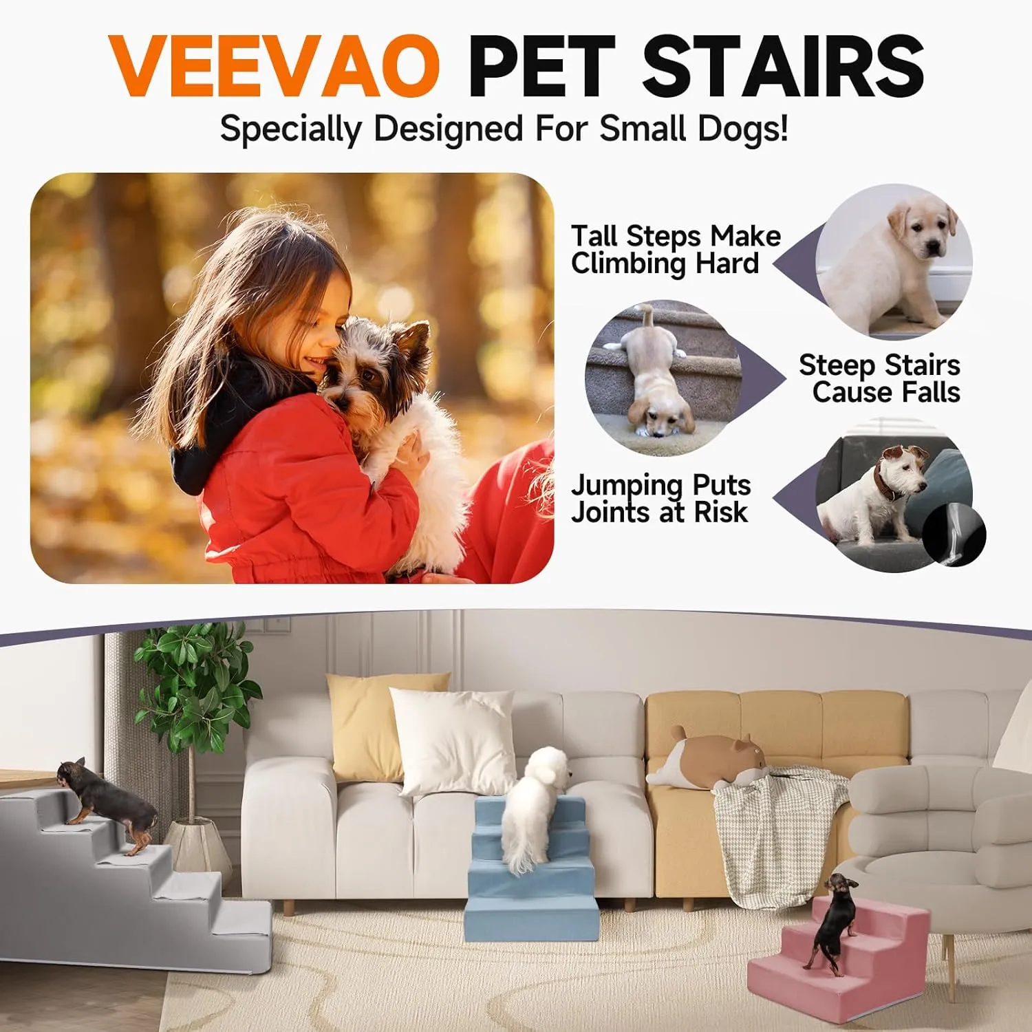 Pet Stairs for Small Dogs & Cats - 3/4/5 Steps, Non-Slip Extra Wide Design, Gentle Angle for Joint Protection, High Density Foam, Washable Cover, Fits Beds & Couches, 3 Steps-Gentle Gray