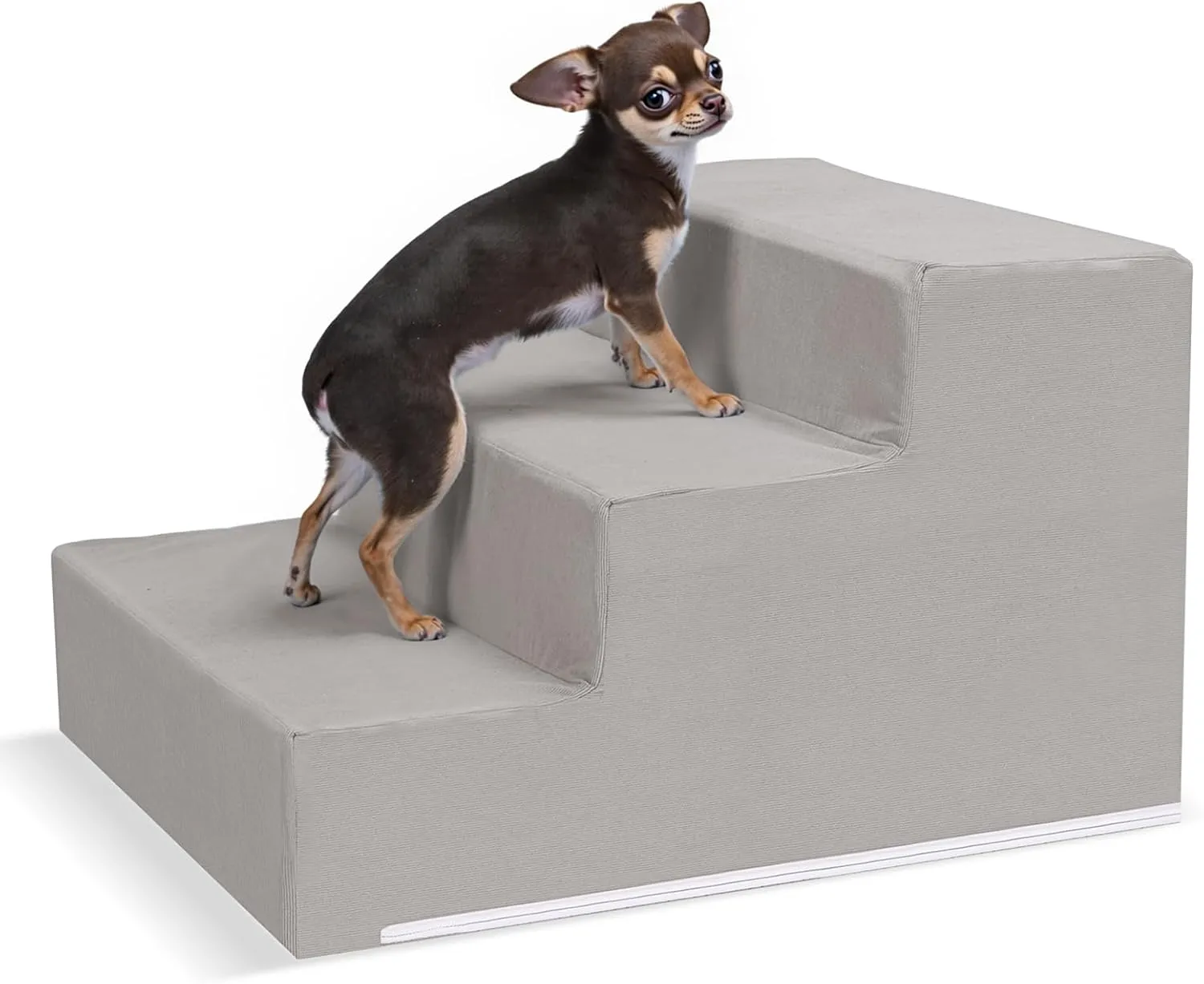 Pet Stairs for Small Dogs & Cats - 3/4/5 Steps, Non-Slip Extra Wide Design, Gentle Angle for Joint Protection, High Density Foam, Washable Cover, Fits Beds & Couches, 3 Steps-Gentle Gray