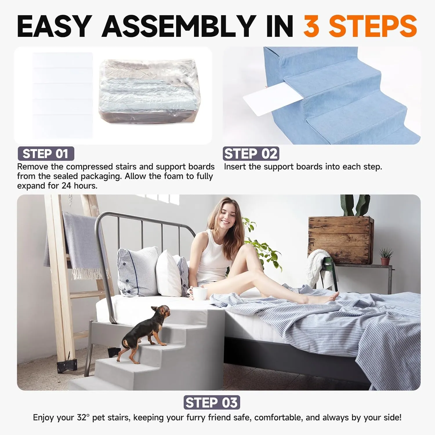Pet Stairs for Small Dogs & Cats - 3/4/5 Steps, Non-Slip Extra Wide Design, Gentle Angle for Joint Protection, High Density Foam, Washable Cover, Fits Beds & Couches, 3 Steps-Gentle Gray