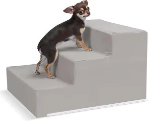 Pet Stairs for Small Dogs & Cats - 3/4/5 Steps, Non-Slip Extra Wide Design, Gentle Angle for Joint Protection, High Density Foam, Washable Cover, Fits Beds & Couches, 3 Steps-Gentle Gray