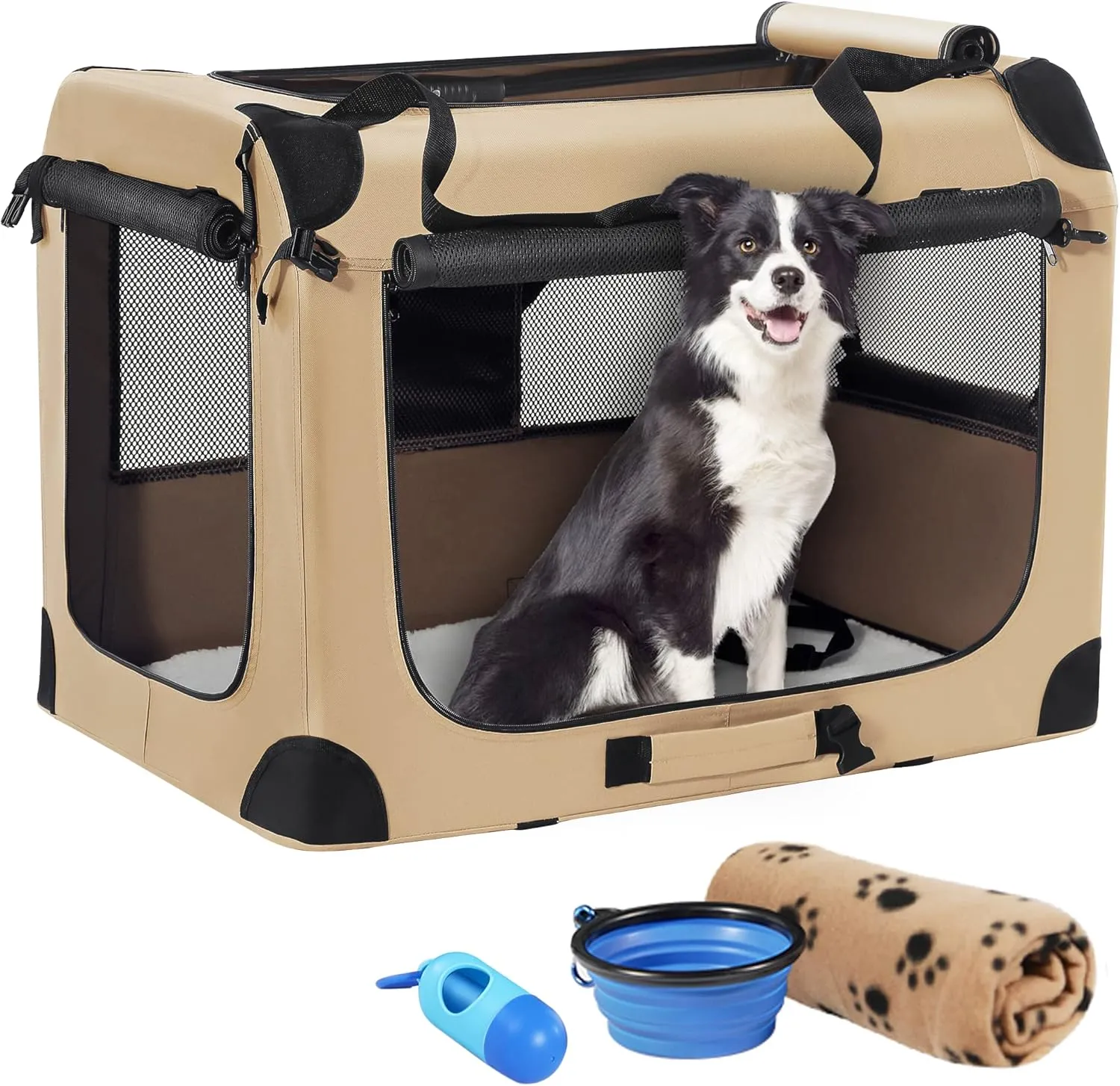 Petprsco Portable Dog Crate - 32"x23"x23" Collapsible Dog Travel Crate for Medium/Large Dogs with Soft Blanket, Foldable Bowl & Poop Bag Dispenser - Indoor & Outdoor Use