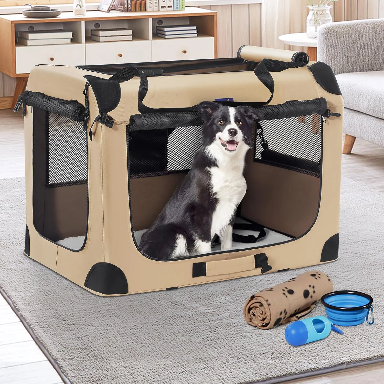 Petprsco Portable Dog Crate - 32"x23"x23" Collapsible Dog Travel Crate for Medium/Large Dogs with Soft Blanket, Foldable Bowl & Poop Bag Dispenser - Indoor & Outdoor Use