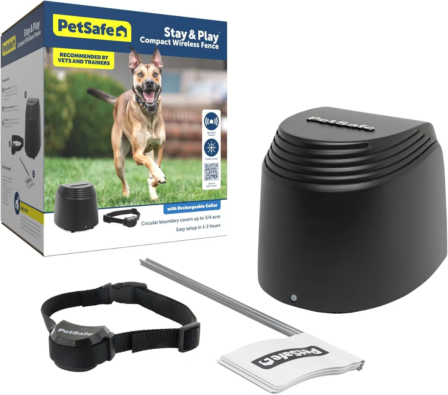 PetSafe Stay & Play Compact Wireless Pet Fence for Dogs, No Wire Circular Boundary, Secure up to 3/4 Acre, No-Dig and Portable for Travel, for Dogs 5lb & up, from Parent Company Invisible Fence Brand