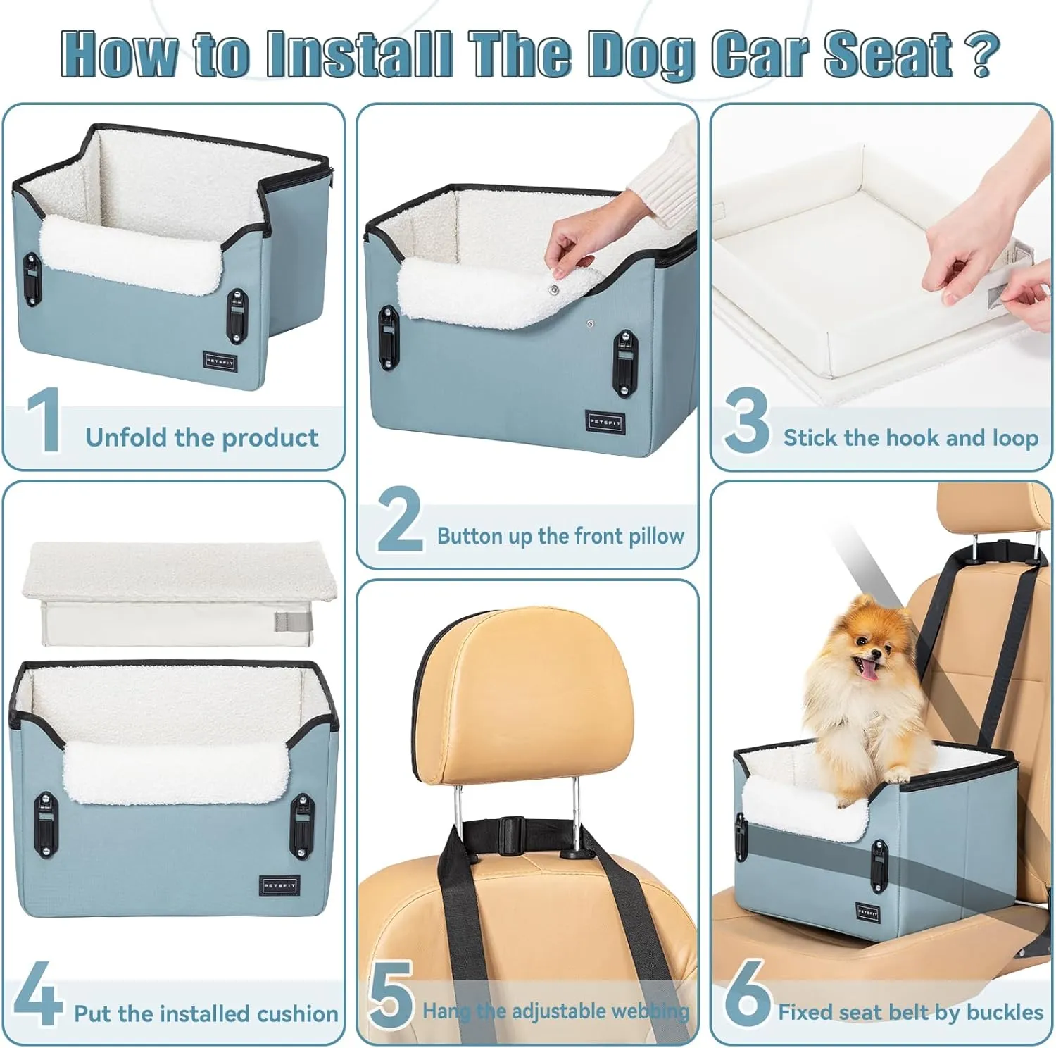 PETSFIT Small Dog Car Seat, Puppy Portable Dog Booster seat for Car with Clip-On Leash, Adjustable Straps Suitable for Small Pets Up to 25lbs (Mint Green)