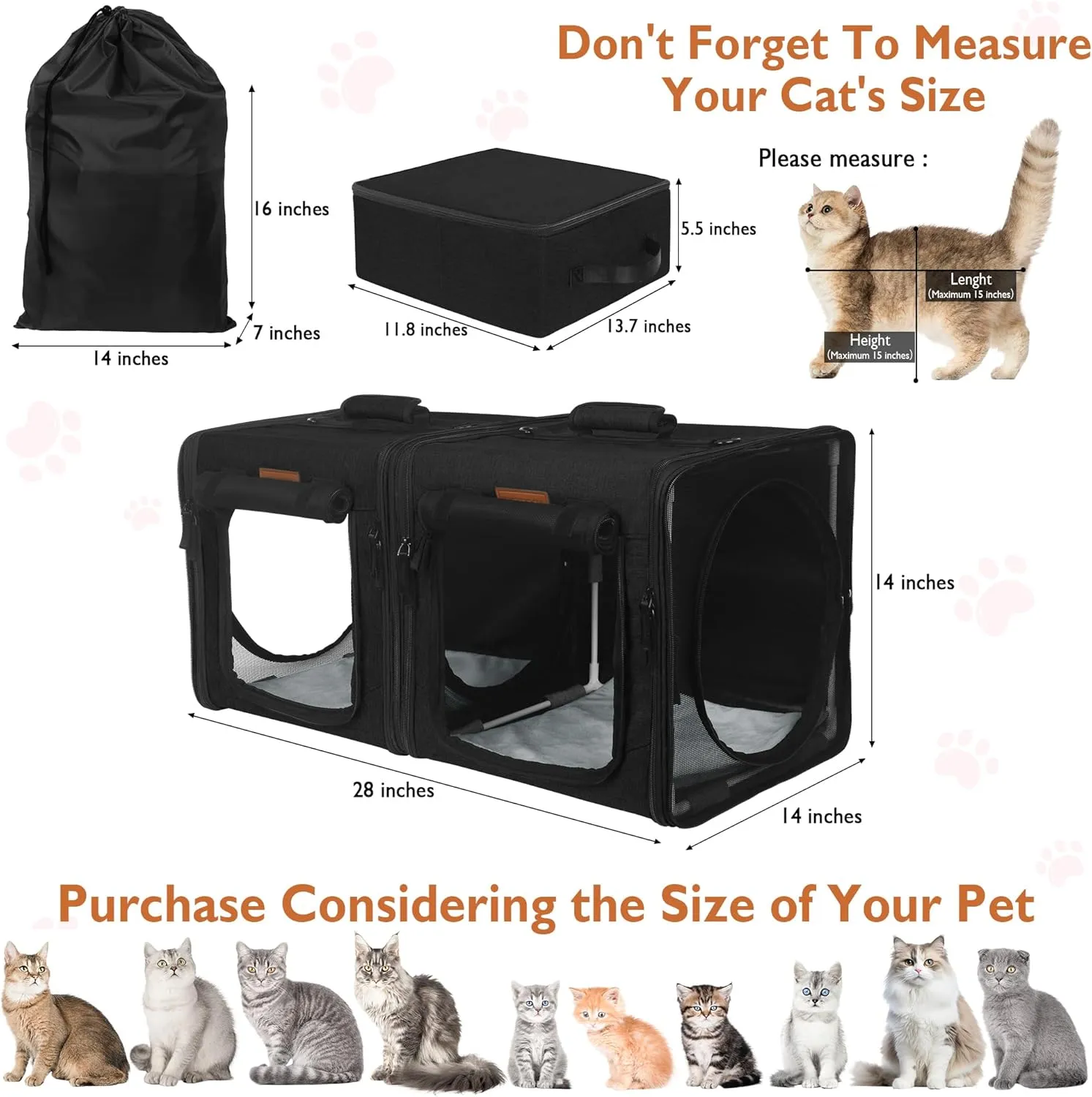 PETUX 2-in-1 Cat Carrier for 2 Small Cats and Dogs, 28"x14"x14" Collapsible Cat Travel Carriers with Little Box, Portable Soft Pet Carrier with Tunnels and Hammock for Gift, Indoor, Outdoor (Black)
