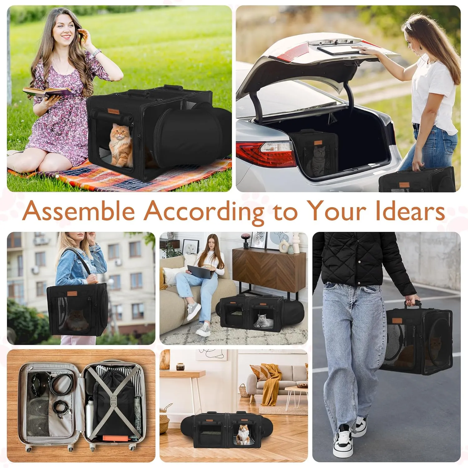 PETUX 2-in-1 Cat Carrier for 2 Small Cats and Dogs, 28"x14"x14" Collapsible Cat Travel Carriers with Little Box, Portable Soft Pet Carrier with Tunnels and Hammock for Gift, Indoor, Outdoor (Black)